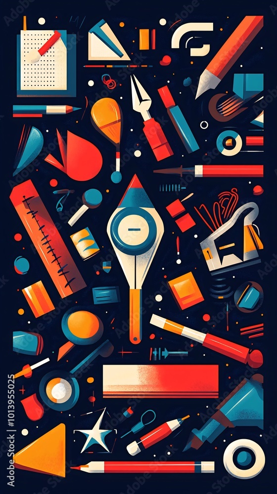 Poster abstract geometric design with various colorful objects on dark background.