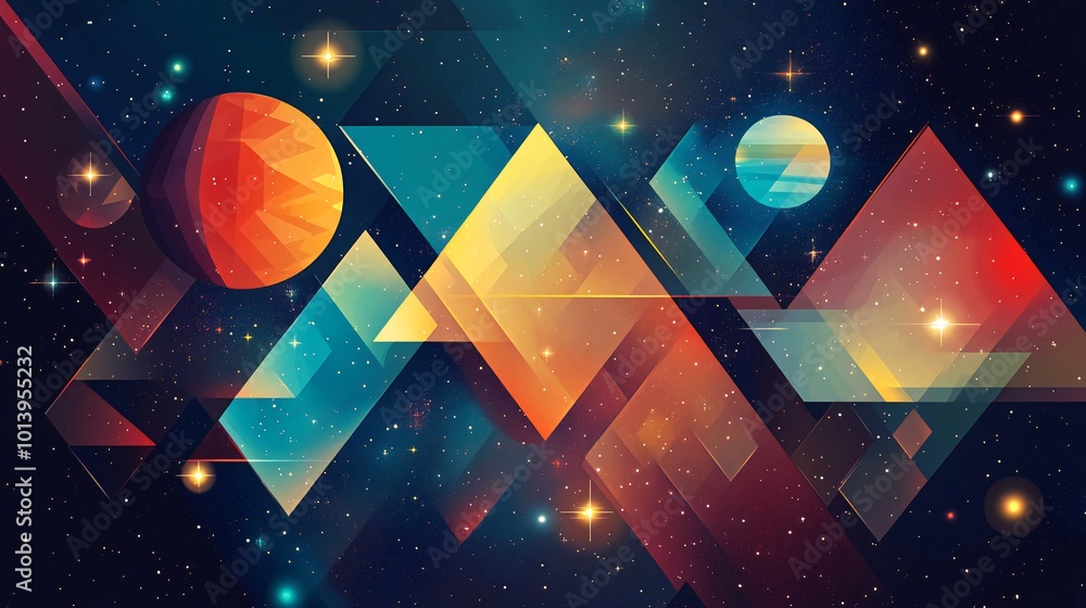 Poster abstract geometric pattern with planets and stars in a dark space background.