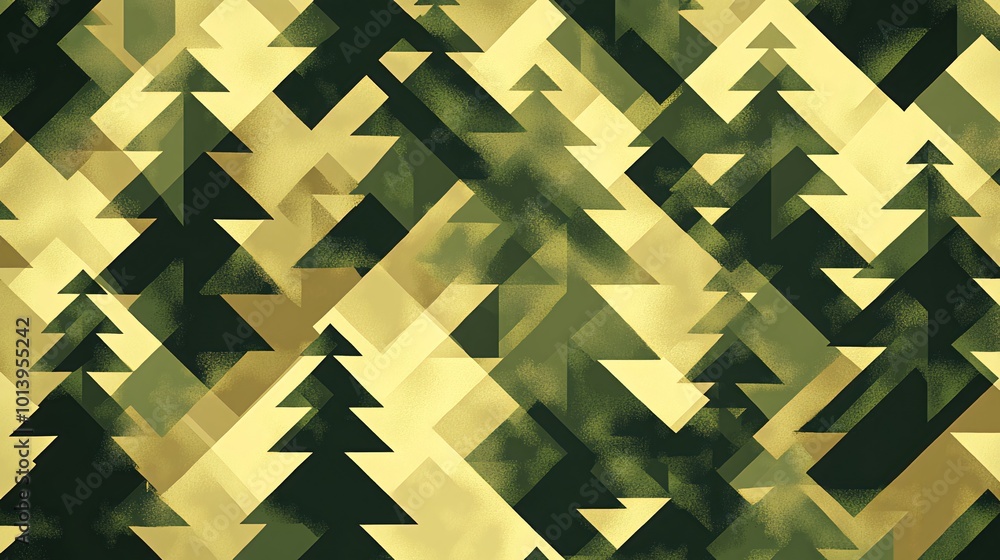 Poster abstract geometric pattern with stylized fir trees in shades of green and yellow, creating a forest 