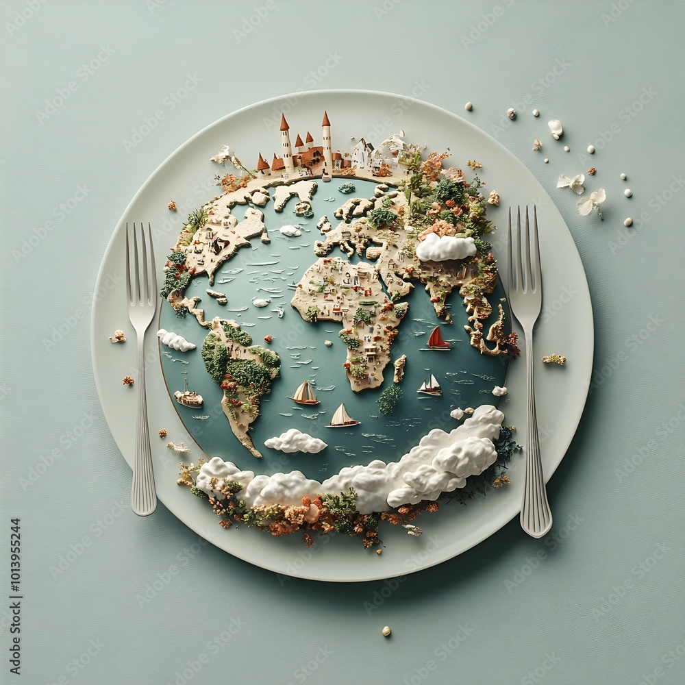 Poster dining on a globe a plate design depicting the continents and oceans of the earth with a fork and kn