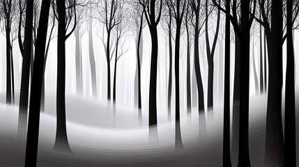 Abstract grayscale illustration of a forest with fog.