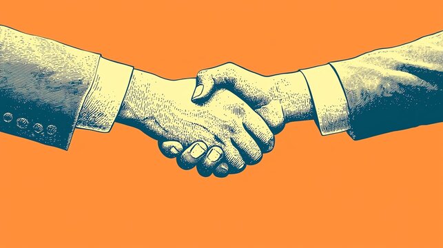 A symbolic handshake representing partnership, collaboration, and mutual agreement in a vibrant, orange background.