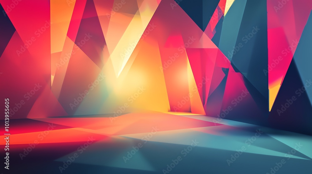 Poster a vibrant abstract background featuring sharp geometric shapes and colorful light reflections, perfe