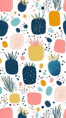 Abstract pattern with pineapples, leaves, and geometric shapes in blue, pink, yellow, and green on a white background.