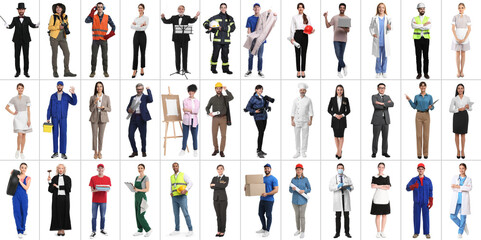 People of different professions on white background, collage