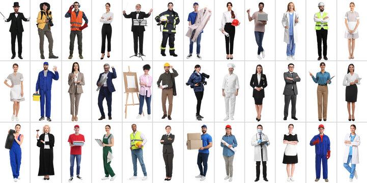 People of different professions on white background, collage
