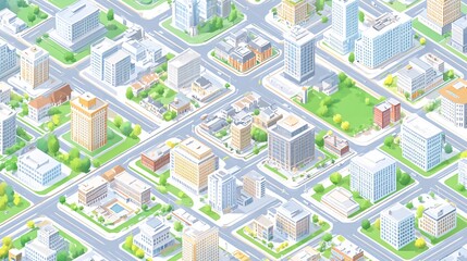 An isometric illustration of a city with tall buildings, roads, and parks.