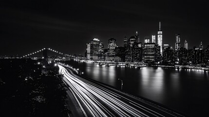 Black and white night cityscape with a highway leading into the distance.