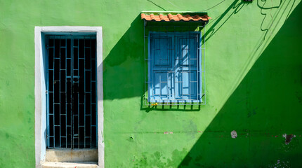 Colorful green wall in Getsemani, Cartagena, Colombia