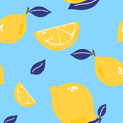 Seamless summer pattern with fresh lemon whole, full, half, slice, leaf. Juicy fruits. Freehand vector cartoon illustration on colorful background