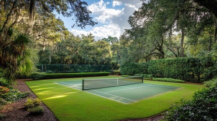 Serene Tennis Court Surrounded by Lush Greenery