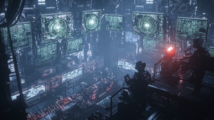 Digital Surveillance Warfare - Futuristic Ray Tracing Hostile AI Command Center Concept Art