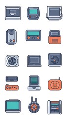 Collection of retro technology icons, including a computer, television, radio, and game console.