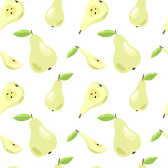 Seamless pattern of sweet yellow pear and pear pieces. Background of organic ripe healthy fruits.