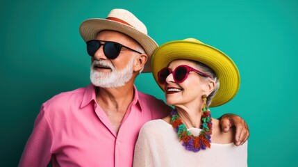 A delighted elderly couple in vibrant beach attire, wearing hats and sunglasses, embodying joy and carefree retirement against a vivid teal backdrop.