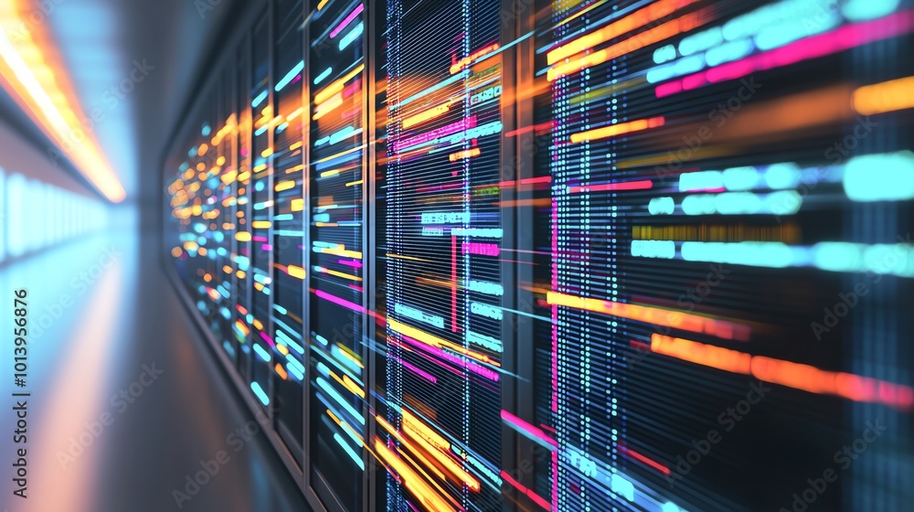 Poster abstract digital data flow illustration, showcasing illuminated patterns and vibrant colors in a mod