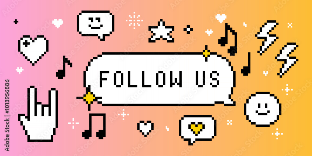 Poster pixel speech bubble text saying follow us. set of y2k pixel icons. smile face, rock, collage sticker
