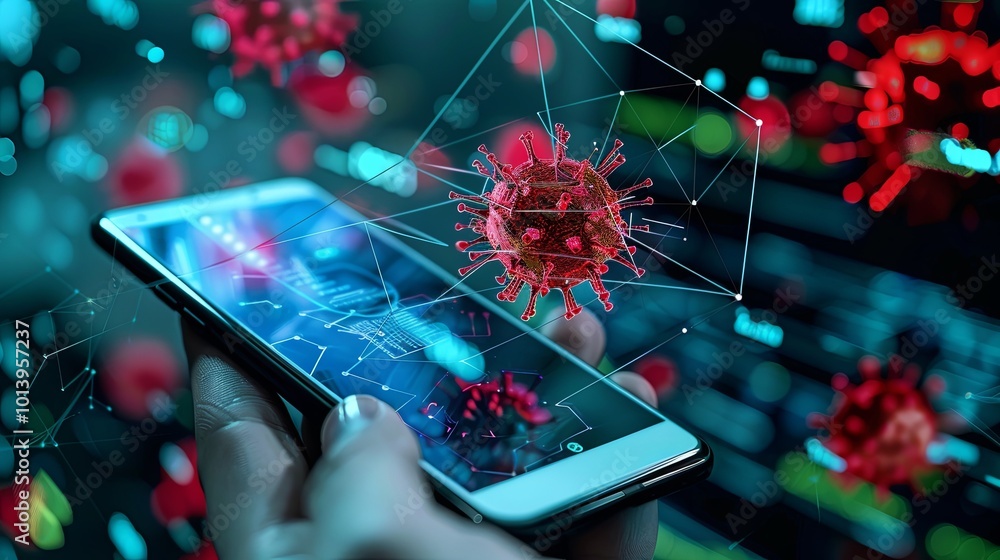 Poster a smartphone displays an emergency alarm signaling a virus alert as users engage with a data protect