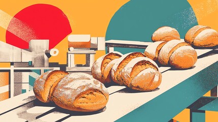 Artistic representation of fresh bread on a conveyor, highlighting the baking process with vibrant colors and patterns.