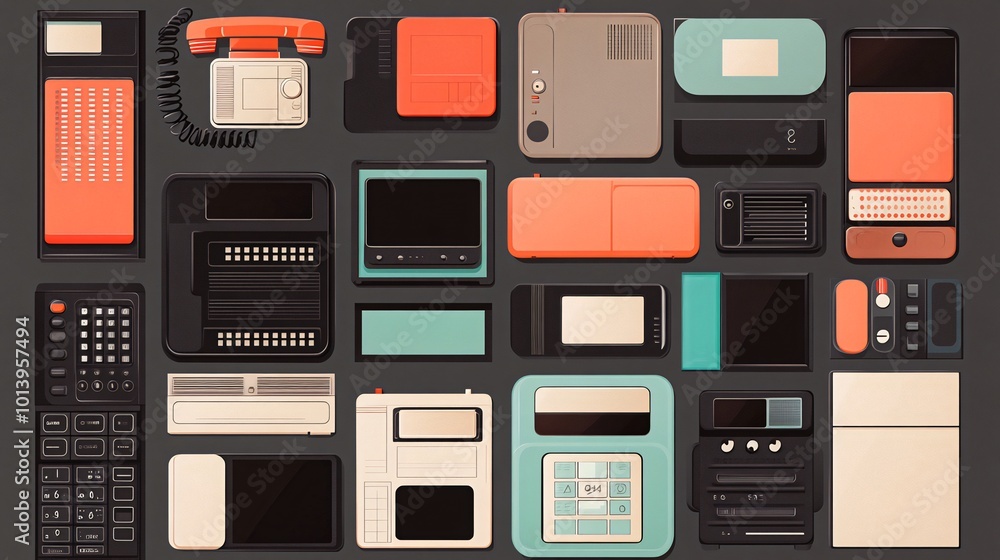 Poster flat lay of vintage electronics devices in various colors and shapes.