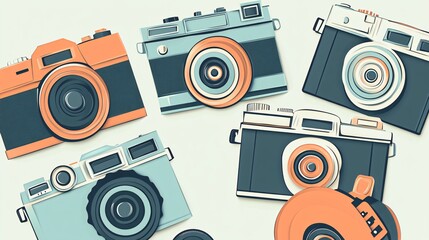 Five vintage cameras arranged on a white background.