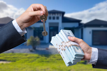 Man Handing a man Thousands of Dollars For Keys in Front of House.