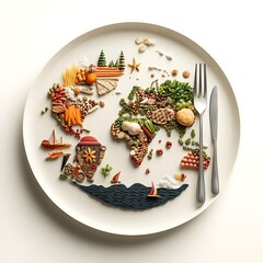 Globalized Culinary Cartography A Stylized World Map Depicted on a Plate Delineated by Various Foods and Ingredients Paired with a Gleaming Silver Fork and Knife