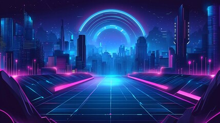 Futuristic city skyline with glowing neon lights and a circular portal.