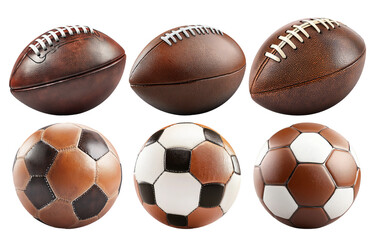 Footballs and soccer balls in different patterns isolated on transparent background