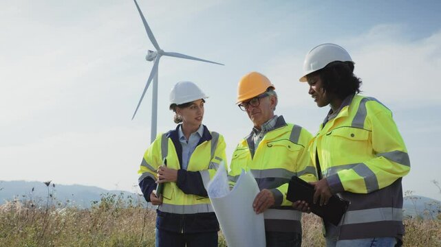 Multi-ethnic group of engineers standing together in front of large wind turbine. Wearing safety equipment. Holding large plan printed on paper. Looking to side while observing field. Blue sky.