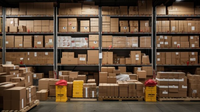 A warehouse filled with boxes stacked on shelves, organized and ready for shipment.