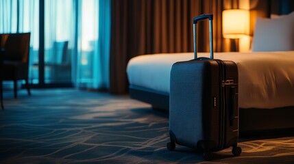 A suitcase stands beside a hotel bed, suggesting a traveler's temporary stay in a cozy, modern room.