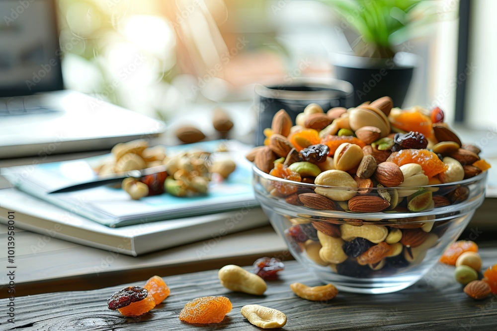Poster a colorful bowl filled with various dried fruits and nuts is placed on a wooden table in a cozy work