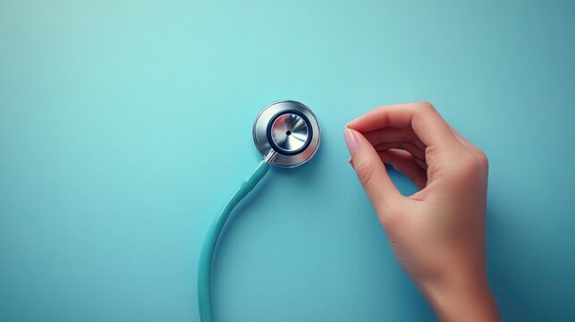 Hand Holding Stethoscope on Minimalist Light Blue Background