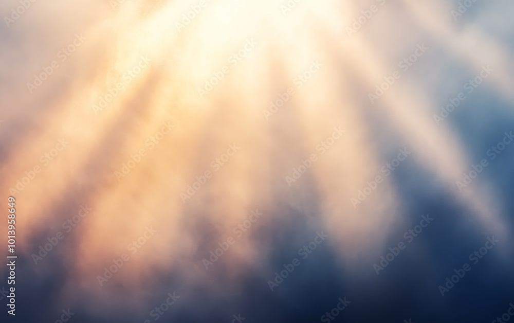Poster a serene display of soft light rays breaking through clouds, creating a peaceful and ethereal atmosp