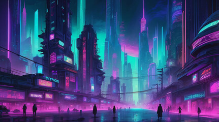 Futuristic Cyberpunk Cityscape with Neon Lights at Night