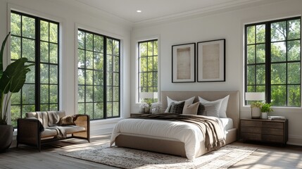 Fototapeta premium A modern bedroom with large windows, a bed with white linens, and a plush armchair.