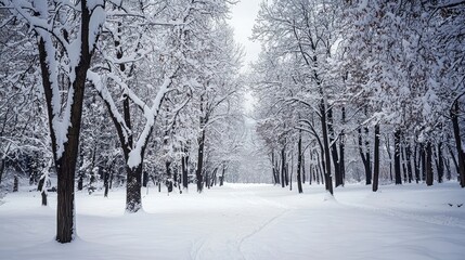 Snow-Covered Trees in a Winter Forest Path