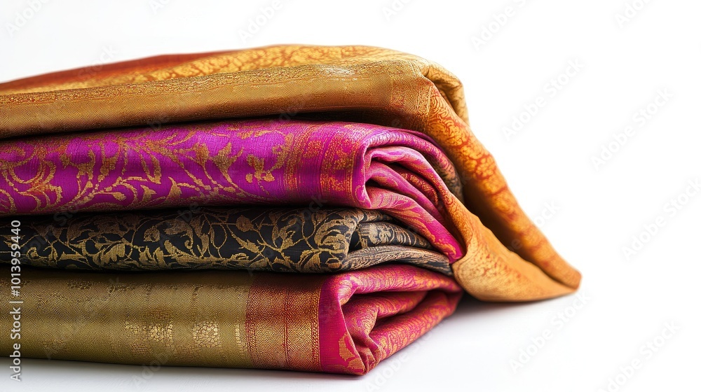 Poster a luxurious sari folded in rich colors, set against a simple white backdrop, showcasing its intricat
