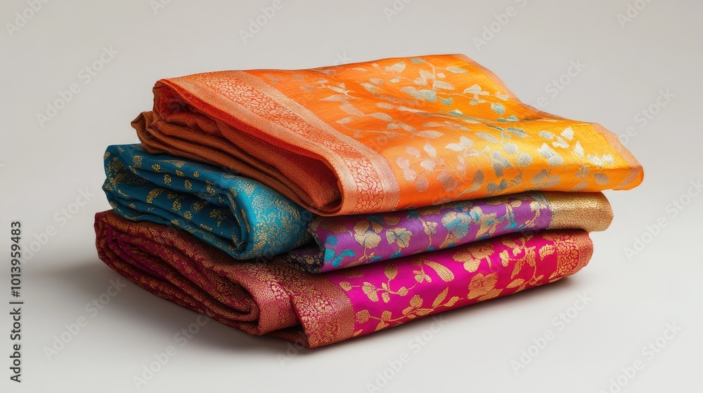 Poster a neatly folded sari in vibrant shades, placed on a simple light gray backdrop to enhance its intric