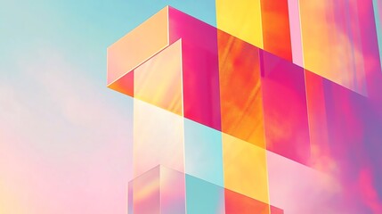 Obraz premium Vibrant geometric abstraction featuring colorful transparent blocks against a dreamy pastel sky, perfect for modern design themes.