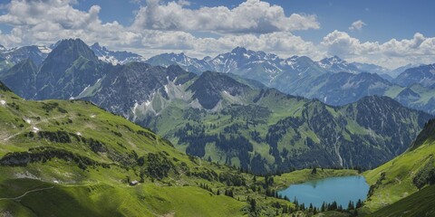 Mountain panorama with lake Seealpsee, left behind the H&ouml;fats 2259m, Allg&auml;u Alps, Allg&auml;u, Bavaria, Germany, Europe