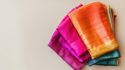 A single, elegantly folded sari with rich textures and vibrant hues, displayed on a minimalist neutral background.