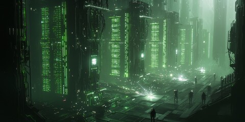 Futuristic Hostile AI Dystopia: Technicians Battling Power in Massive Data Center