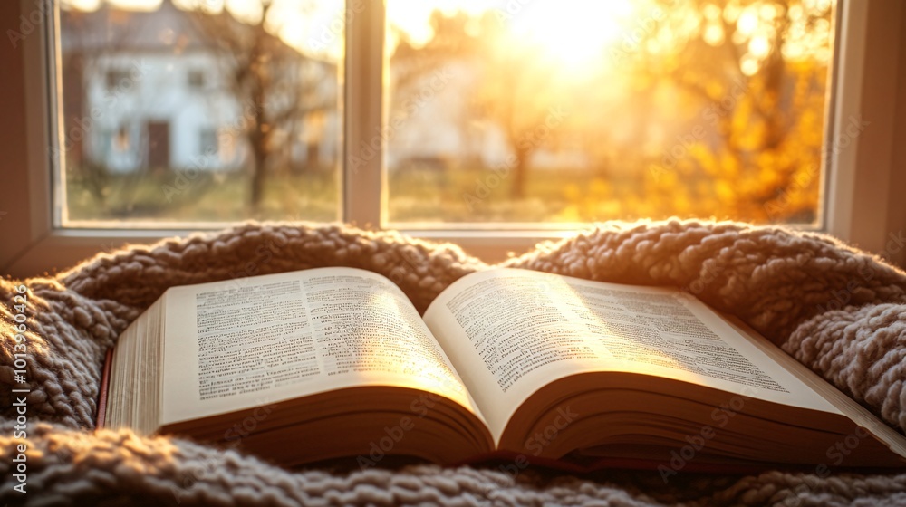 Poster open book on a blanket by the window with a sunset view.