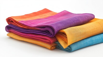 Delicately folded sari cloth in bright tones, placed on a clean, plain background to emphasize its intricate fabric design.