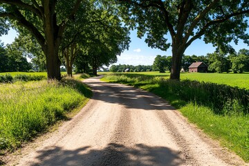 Fototapeta premium Rural dirt road winding through tall trees, with sunlight filtering through the branches, leading to a farmhouse in the distance
