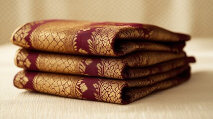 Elegantly folded sari cloth in deep maroon and gold, placed against a clean beige backdrop for a classic presentation.