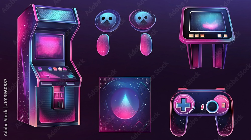Poster retro arcade game console with joystick, controllers, and screen.