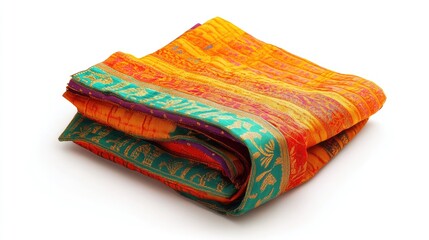 Richly colored sari cloth, folded neatly, set on a plain white background to enhance its intricate designs.